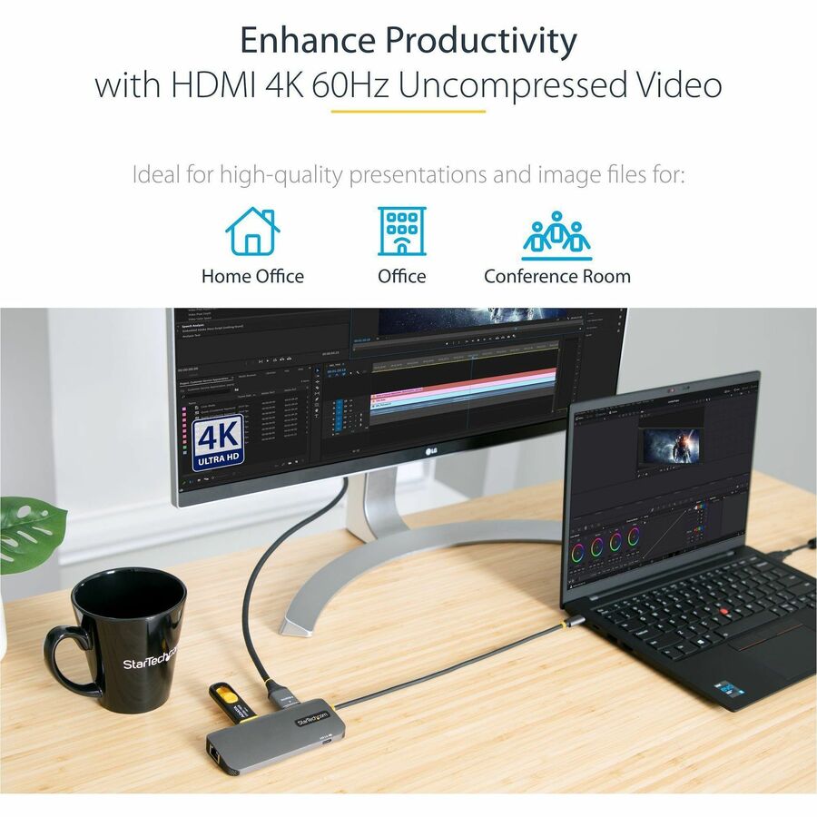 Alternate-Image2 Image for StarTech.com USB C Multiport Adapter, 4K 60Hz HDMI HDR10 Video, 3 Port 5Gbps USB 3.2 Hub, 100W PD PassThrough, GbE, Mini Travel Dock