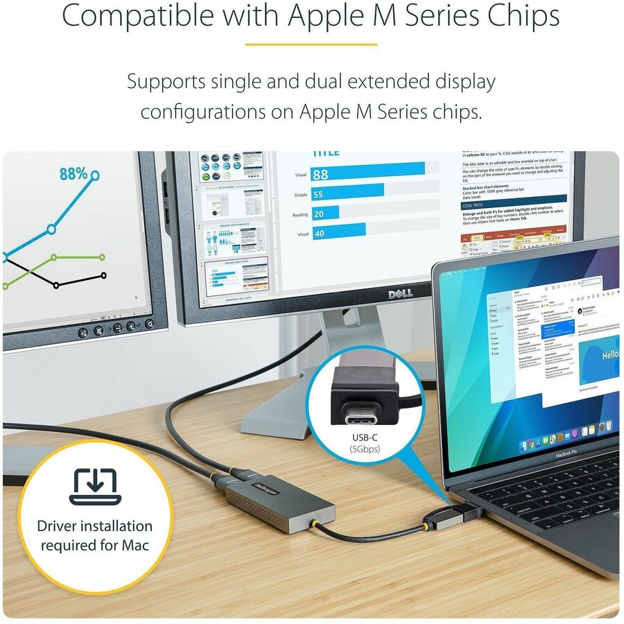 Alternate-Image4 Image for StarTech.com USB to Dual HDMI Adapter, USB A/C to 2x HDMI Displays (1x 4K30, 1x 1080p), USB 3.0 to HDMI Converter, 4in/11cm Cable, Win/Mac