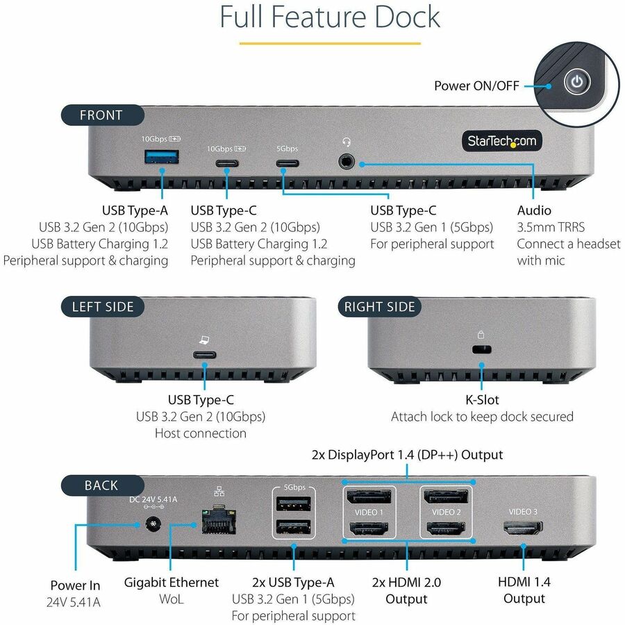 Alternate-Image2 Image for StarTech.com USB-C Triple Monitor Docking Station - Triple 4K HDMI/DP USB-C Dock - 5x USB Hub - GbE - 100W PD - Universal / Multi Monitor
