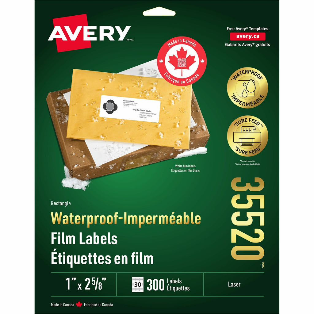 Avery Rectangle Waterproof Labels 1" x 2-5/8" , Permanent Adhesive, for Laser Printers