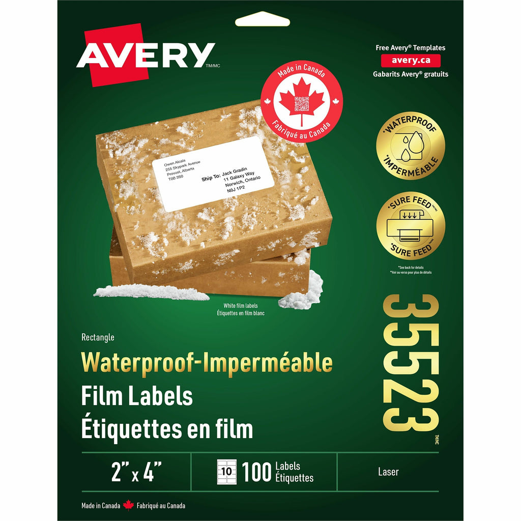 Avery Rectangle Waterproof Labels 2" x 4" , Permanent Adhesive, for Laser Printers