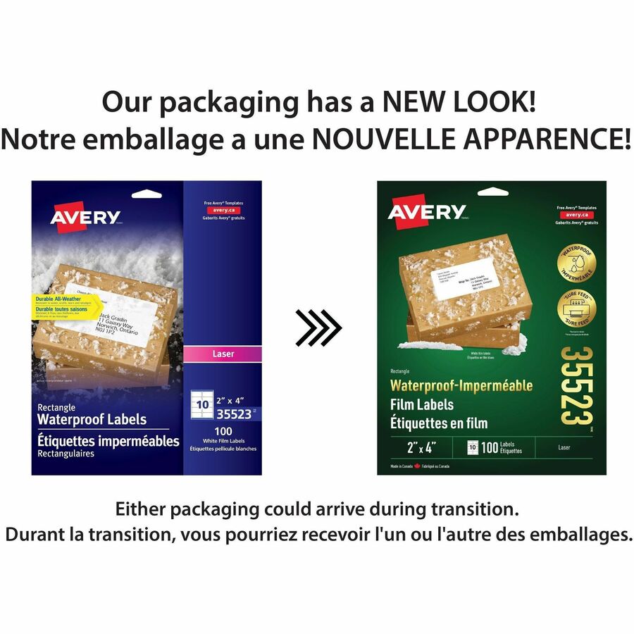 Avery Rectangle Waterproof Labels 2" x 4" , Permanent Adhesive, for Laser Printers - 35523