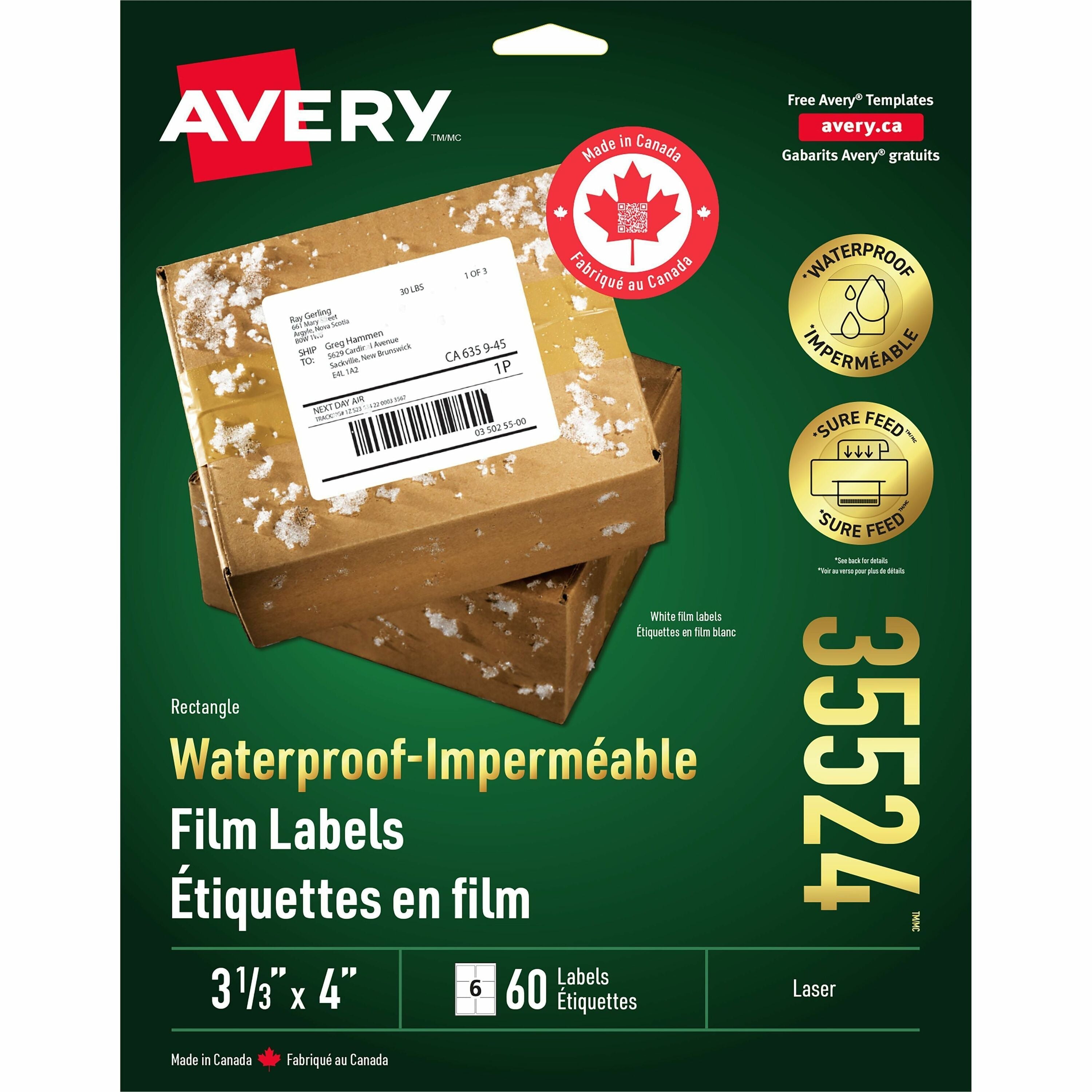 Avery Rectangle Waterproof Labels 3-1/3" x 4" , Permanent Adhesive, for Laser Printers