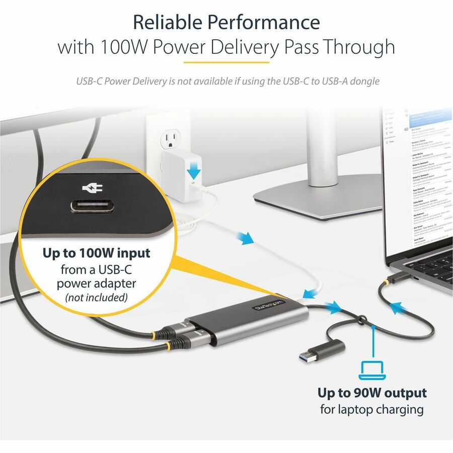 Alternate-Image3 Image for StarTech.com USB-C to Dual-HDMI Adapter, USB-C/A to 2x HDMI, 4K 60Hz, 100W PD Passthrough, 1ft/30cm Cable, USB to HDMI Converter, TAA