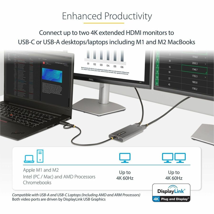 Alternate-Image1 Image for StarTech.com USB-C to Dual-HDMI Adapter, USB-C/A to 2x HDMI, 4K 60Hz, 100W PD Passthrough, 1ft/30cm Cable, USB to HDMI Converter, TAA