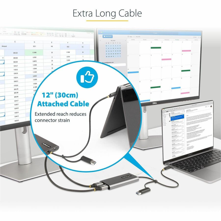 Alternate-Image4 Image for StarTech.com USB-C to Dual-HDMI Adapter, USB-C/A to 2x HDMI, 4K 60Hz, 100W PD Passthrough, 1ft/30cm Cable, USB to HDMI Converter, TAA
