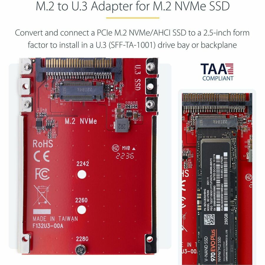 Alternate-Image1 Image for StarTech.com M.2 to U.3 Adapter, For M.2 NVMe SSDs, PCIe M.2 Drive to 2.5inch U.3 (SFF-TA-1001) Host Adapter/Converter, TAA Compliant