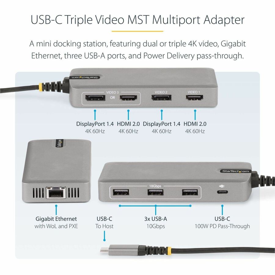 Alternate-Image2 Image for StarTech.com USB-C Triple-Monitor Multiport Adapter, HDMI & DisplayPort, 3x 10Gbps USB Hub, PD Pass-Through, GbE, Travel Docking Station