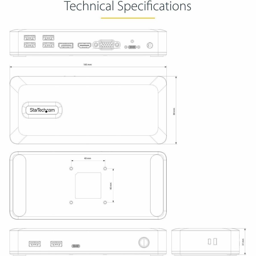 Alternate-Image7 Image for StarTech.com Dual-Monitor USB-C Docking Station, DisplayPort & HDMI/VGA Multi Monitor Dock up to 4K 60Hz, USB-C Dock, 7x USB Hub, 85W PD