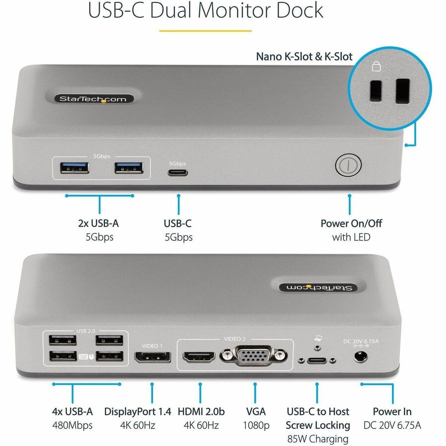 Alternate-Image3 Image for StarTech.com Dual-Monitor USB-C Docking Station, DisplayPort & HDMI/VGA Multi Monitor Dock up to 4K 60Hz, USB-C Dock, 7x USB Hub, 85W PD
