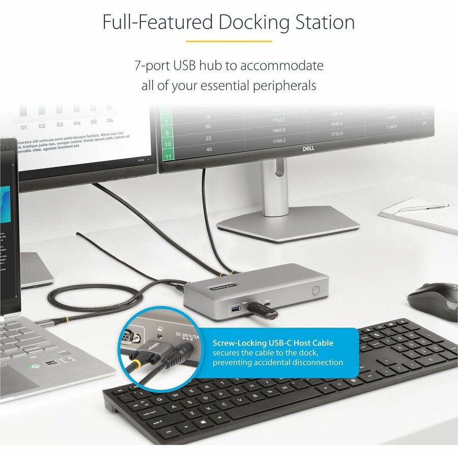 Alternate-Image1 Image for StarTech.com Dual-Monitor USB-C Docking Station, DisplayPort & HDMI/VGA Multi Monitor Dock up to 4K 60Hz, USB-C Dock, 7x USB Hub, 85W PD