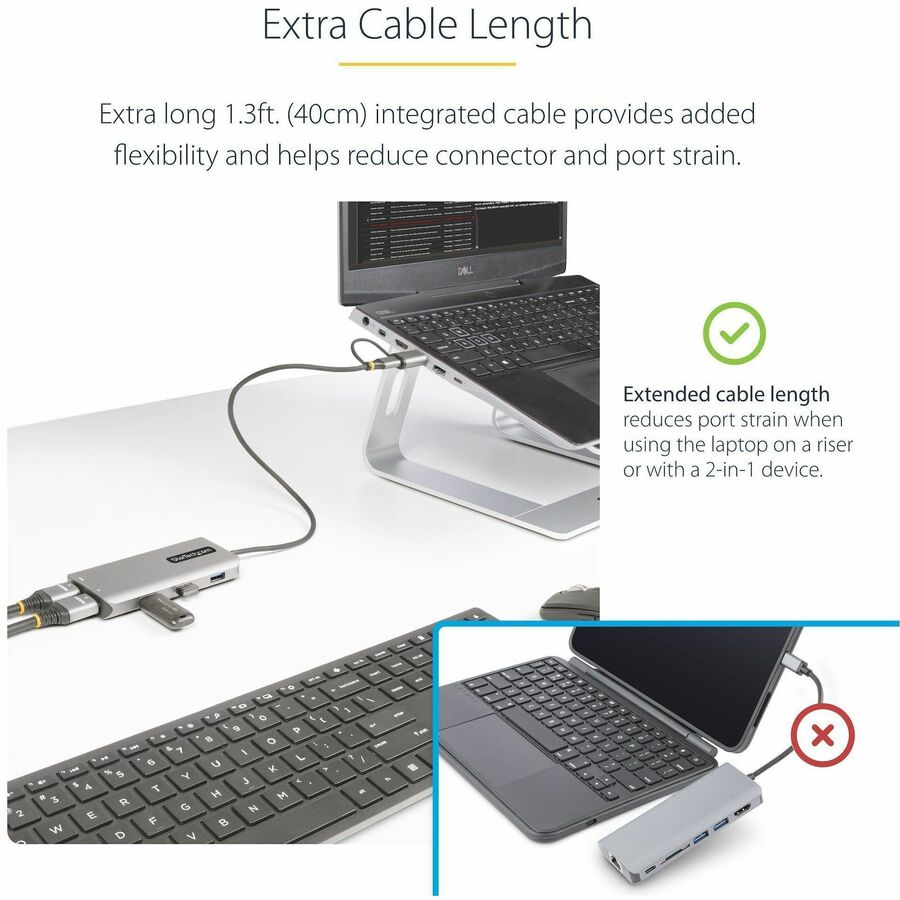 Alternate-Image4 Image for StarTech.com USB-C Multiport Adapter w/Attached USB-C to USB-A Dongle, Dual HDMI 4K/1080, 3x USB, Mini Laptop Docking Station, Travel Dock
