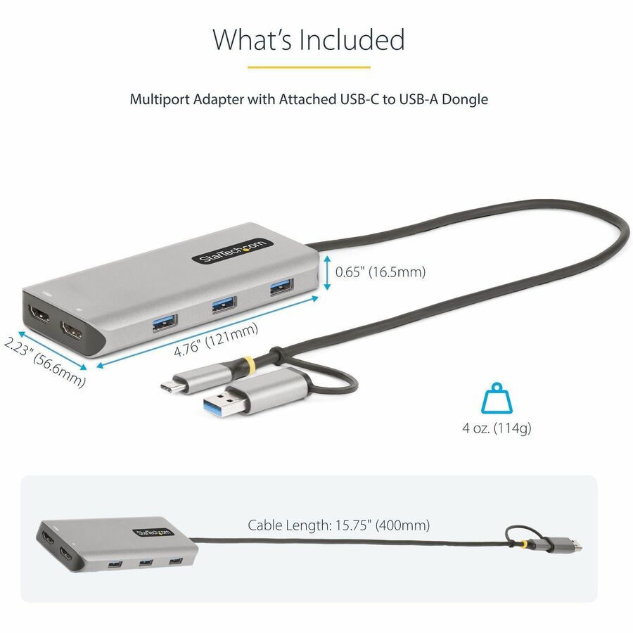 Alternate-Image5 Image for StarTech.com USB-C Multiport Adapter w/Attached USB-C to USB-A Dongle, Dual HDMI 4K/1080, 3x USB, Mini Laptop Docking Station, Travel Dock