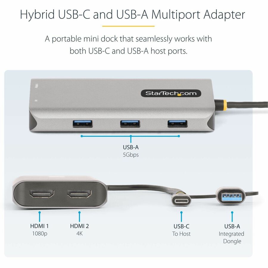 Alternate-Image3 Image for StarTech.com USB-C Multiport Adapter w/Attached USB-C to USB-A Dongle, Dual HDMI 4K/1080, 3x USB, Mini Laptop Docking Station, Travel Dock