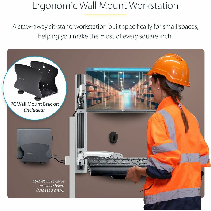 Alternate-Image1 Image for StarTech.com Wall Mount Workstation, VESA Mount 22lb/10kg, Fully Articulating Monitor Mount & Keyboard Tray, Standing Desk w/PC Bracket