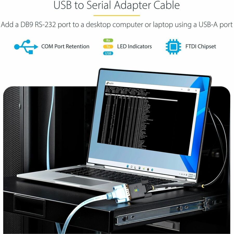 Alternate-Image1 Image for StarTech.com 3ft (1m) USB to Serial Adapter Cable, COM Retention, FTDI IC, DB9 RS232, Interchangeable DB9 Screws/Nuts, Windows/macOS/Linux