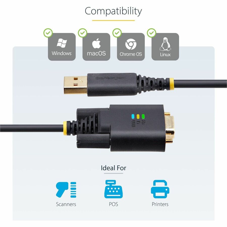 Alternate-Image4 Image for StarTech.com 10ft (3m) USB to Serial Adapter Cable, COM Retention, FTDI, DB9 RS232, Interchangeable DB9 Screws/Nuts, Windows/macOS/Linux