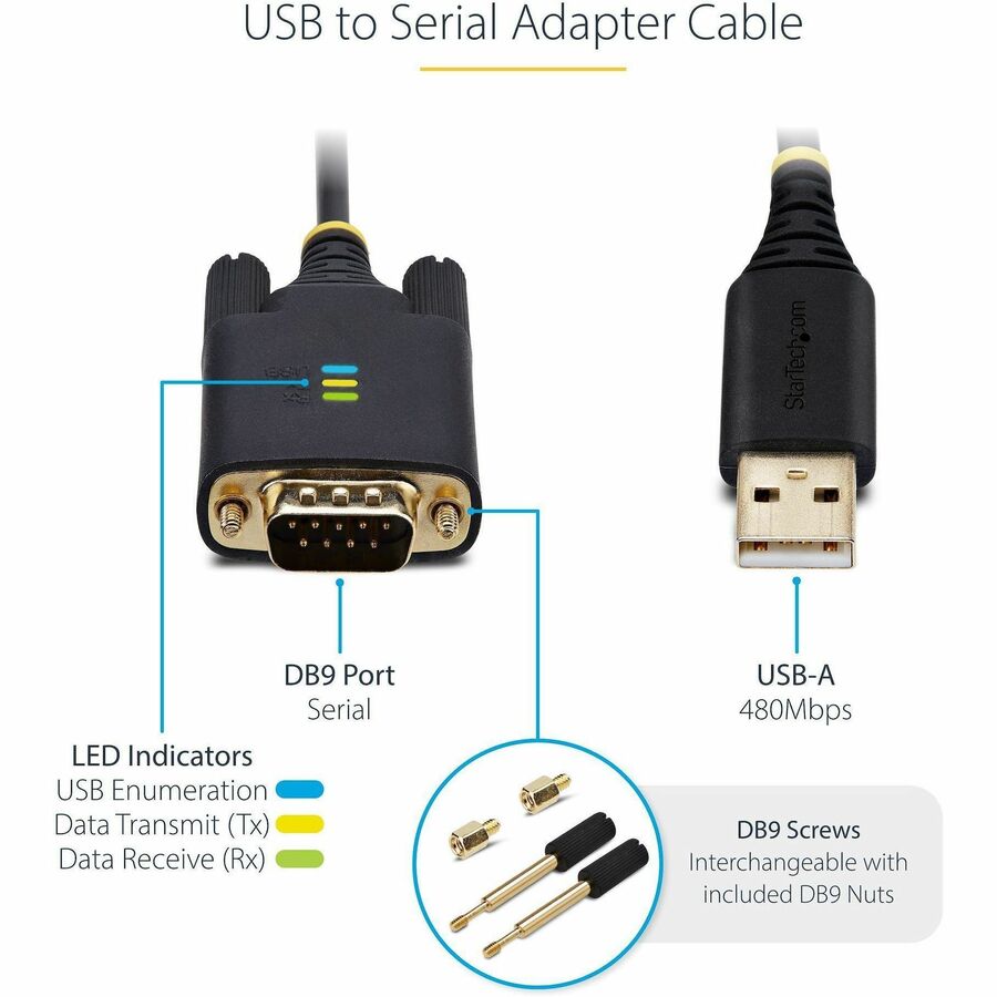 Alternate-Image3 Image for StarTech.com 10ft (3m) USB to Serial Adapter Cable, COM Retention, FTDI, DB9 RS232, Interchangeable DB9 Screws/Nuts, Windows/macOS/Linux