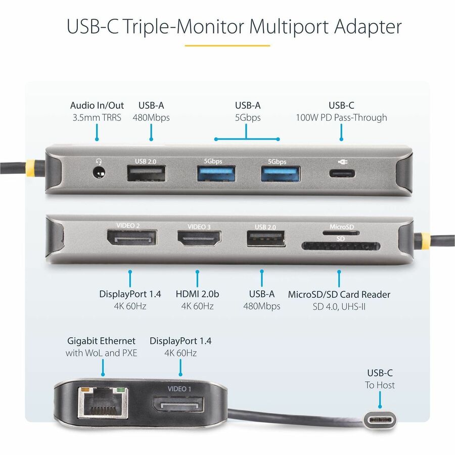 Alternate-Image2 Image for StarTech.com USB-C Triple-Monitor Multiport Adapter, Dual 4K 60Hz + 4K 30Hz HDMI & DP, 4x USB-A, 100W PD Pass-Through, GbE, SD Card Reader