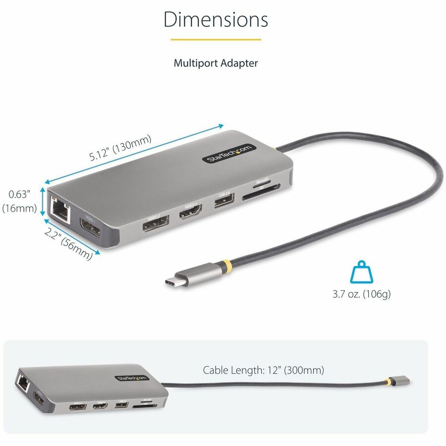 Alternate-Image6 Image for StarTech.com USB-C Triple-Monitor Multiport Adapter, Dual 4K 60Hz + 4K 30Hz HDMI & DP, 4x USB-A, 100W PD Pass-Through, GbE, SD Card Reader