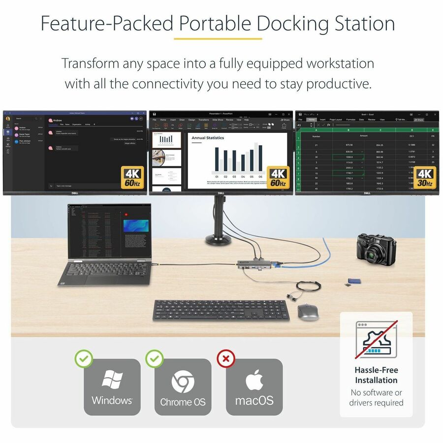 Alternate-Image1 Image for StarTech.com USB-C Triple-Monitor Multiport Adapter, Dual 4K 60Hz + 4K 30Hz HDMI & DP, 4x USB-A, 100W PD Pass-Through, GbE, SD Card Reader