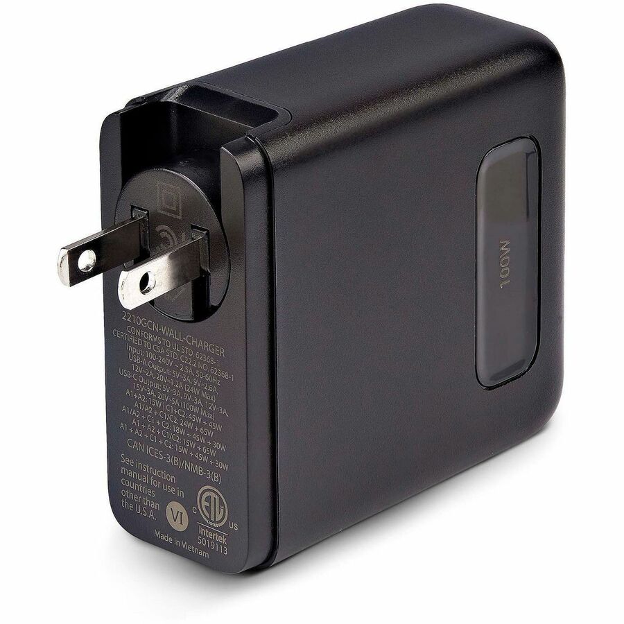 Alternate-Image1 Image for StarTech.com 100W USB-C Wall Charger, 2x USB-C, 2x USB-A, Fast Charging Portable GaN Power Adapter, PD 3.0, 6ft/1.8m USB-C to USB-C Cable