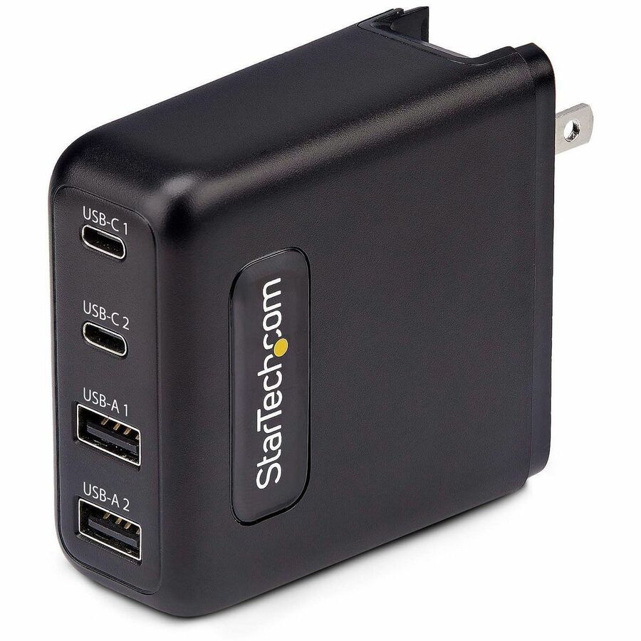 Alternate-Image2 Image for StarTech.com 100W USB-C Wall Charger, 2x USB-C, 2x USB-A, Fast Charging Portable GaN Power Adapter, PD 3.0, 6ft/1.8m USB-C to USB-C Cable
