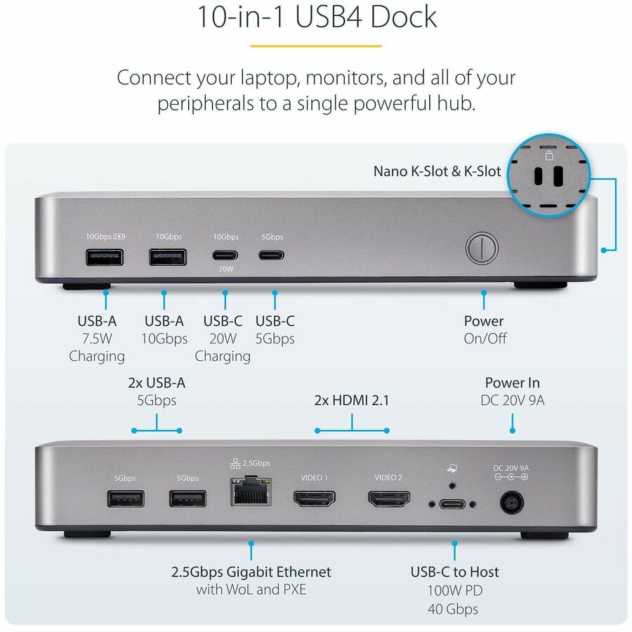 Alternate-Image2 Image for StarTech.com Dual-Monitor USB4 Docking Station, Dual 4K 120Hz or Single 8K 60Hz HDMI, 100W Laptop Charging, 2.5GbE, Driverless USB-C Dock