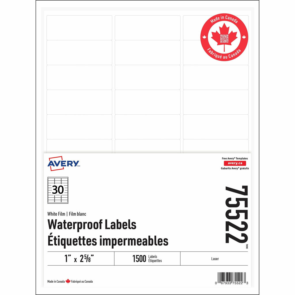 Avery Rectangle Waterproof Labels with Sure Feed™ Technology TrueBlock&reg; 1" x 2-5/8" , Permanent Adhesive, for Laser Printers
