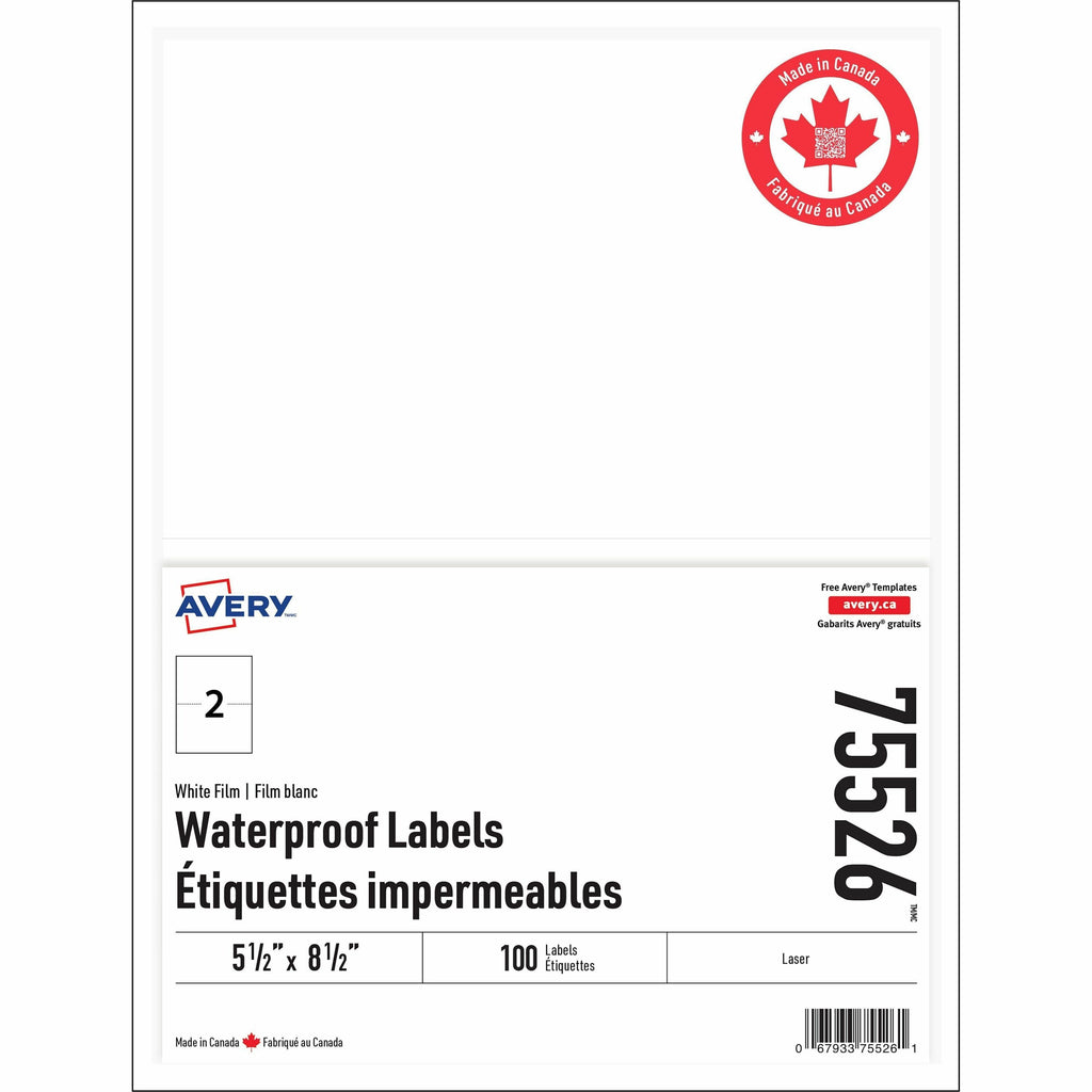 Avery Rectangle Waterproof Labels TrueBlock&reg; 5-1/2" x 8-1/2, Permanent Adhesive, for Laser Printers