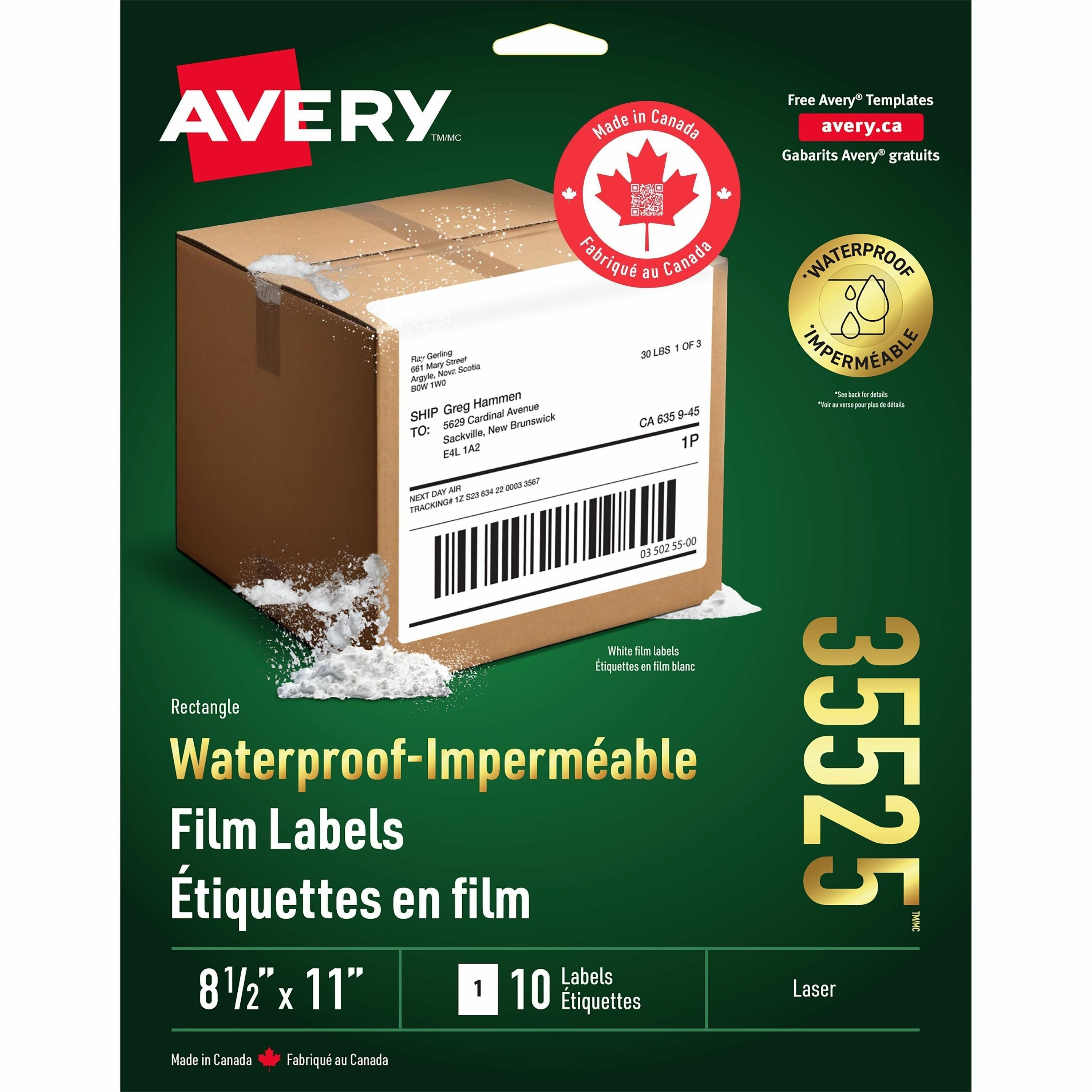 Avery Rectangle Waterproof Labels TrueBlock&reg; 11" x 8-1/2" , Permanent Adhesive, for Laser Printers