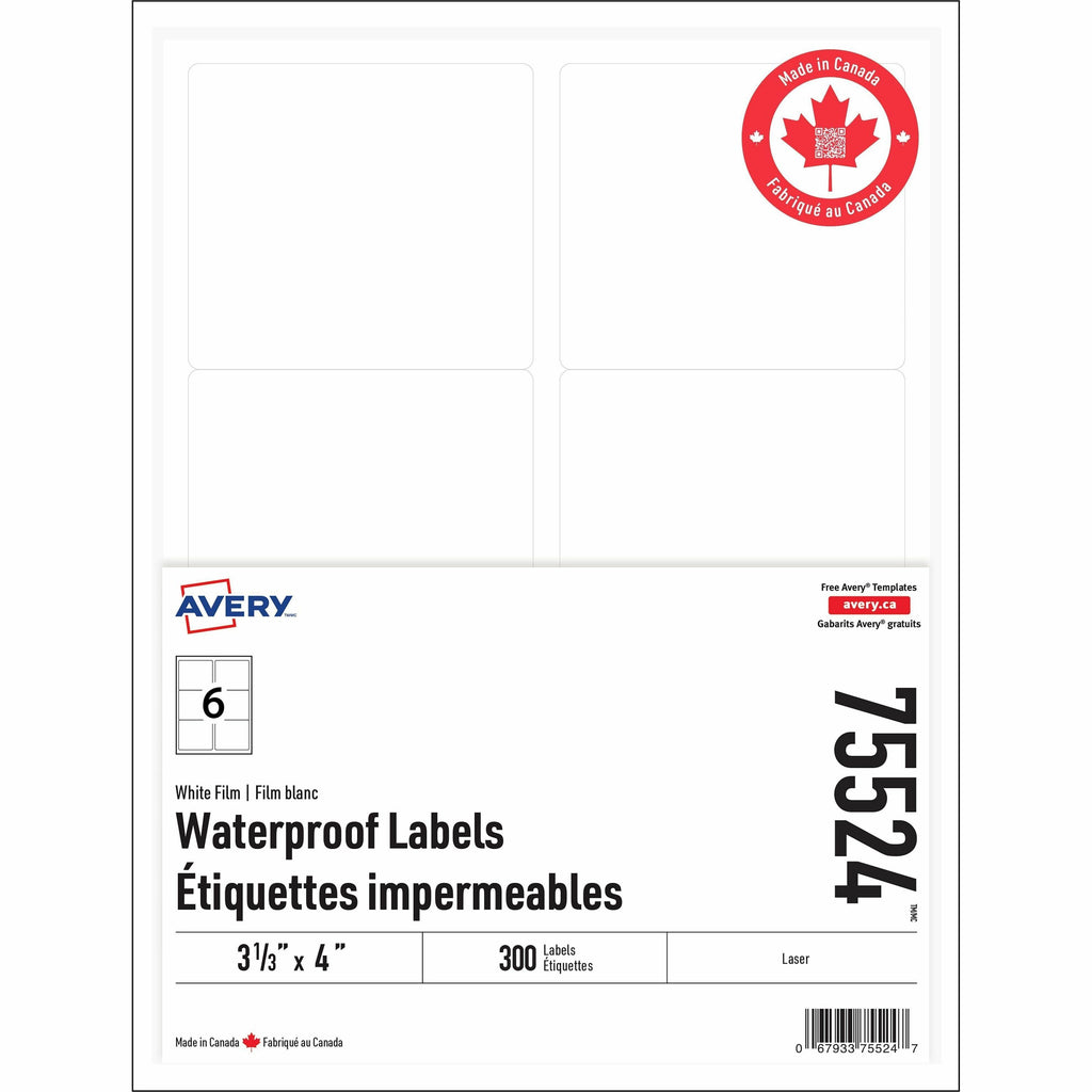 Avery Rectangle Waterproof Labels with Sure Feed™ Technology TrueBlock&reg; 3-1/3" x 4" , Permanent Adhesive, for Laser Printers