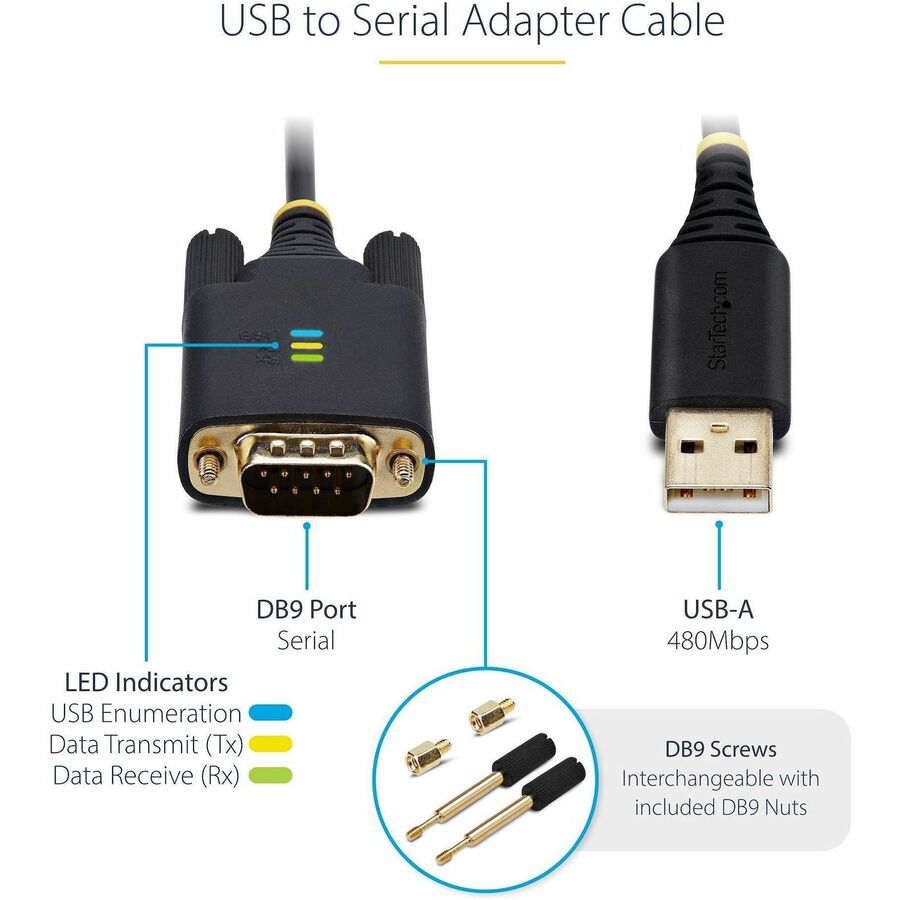 Alternate-Image3 Image for StarTech.com 6.6ft (2m) USB to Serial Adapter Cable, COM Retention, FTDI, DB9 RS232, Interchangeable DB9 Screws/Nuts, Windows/macOS/Linux