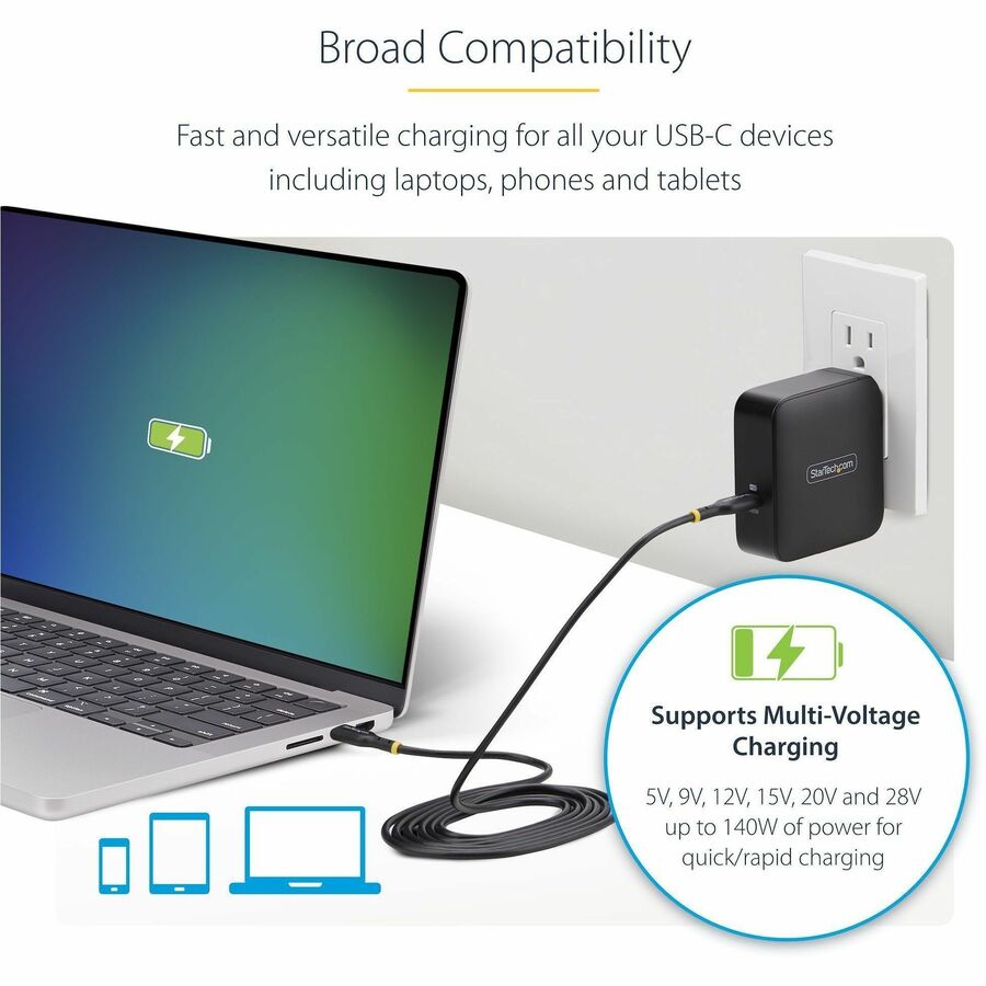 Alternate-Image5 Image for StarTech.com 140W USB-C Wall Charger, USB-IF Certified, PD 3.1 Portable GaN Charging Power Adapter, 6ft/1.8m USB-C to USB-C Cable
