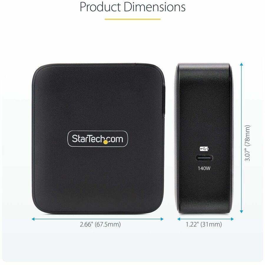 Alternate-Image7 Image for StarTech.com 140W USB-C Wall Charger, USB-IF Certified, PD 3.1 Portable GaN Charging Power Adapter, 6ft/1.8m USB-C to USB-C Cable