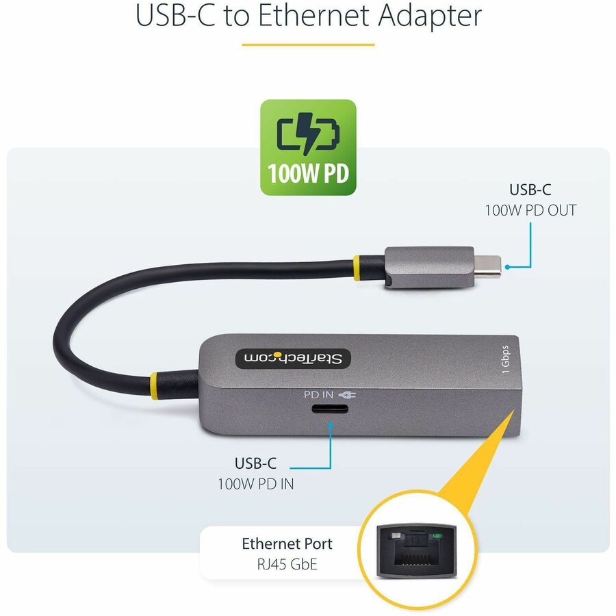 Alternate-Image1 Image for StarTech.com USB-C to Ethernet Adapter, 100W PD Pass-Through, NIC, USB 3.0 Type-C 1Gbps Multi Speed Network, USB 3.1 RJ45, Windows & Mac