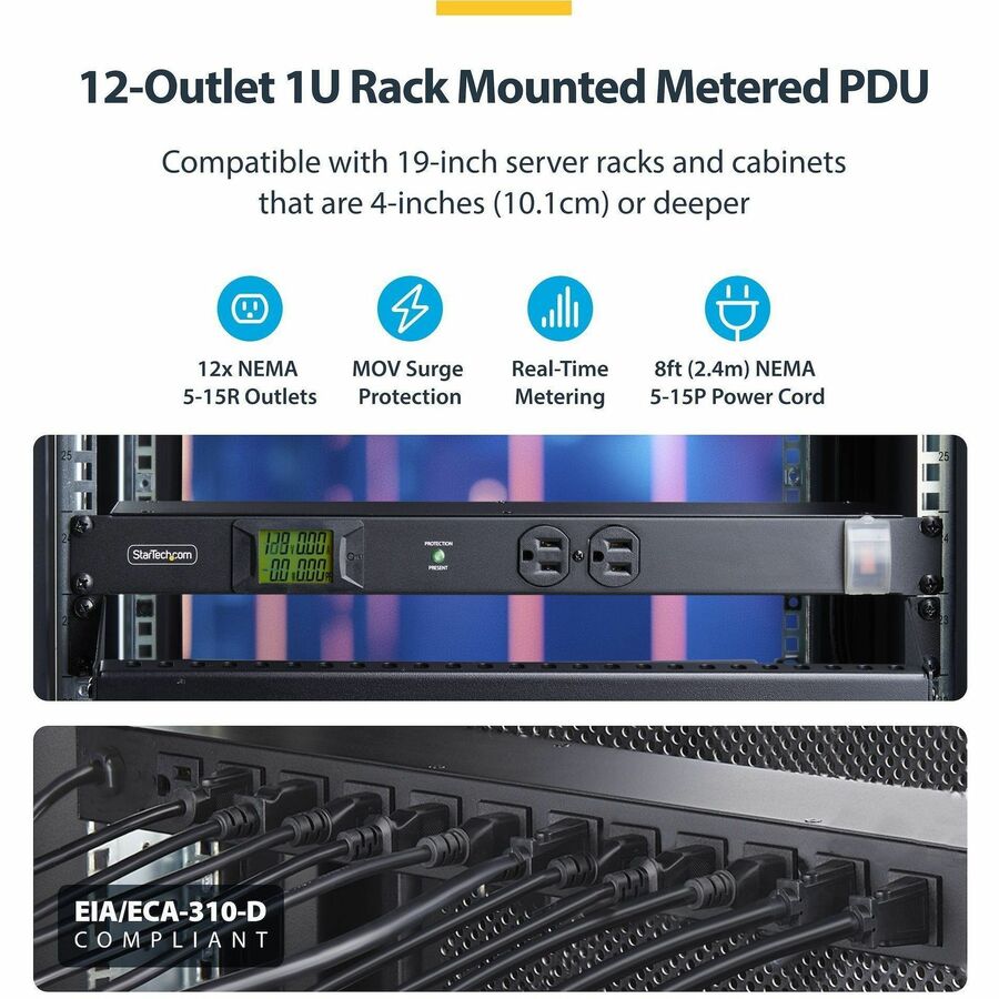 Alternate-Image1 Image for StarTech.com 12-Outlet Horizontal Rack Mount Metered PDU, 1U Server Power Strip w/Surge Protector, 125V/15A, 8ft (2.4m) Power Cord, TAA