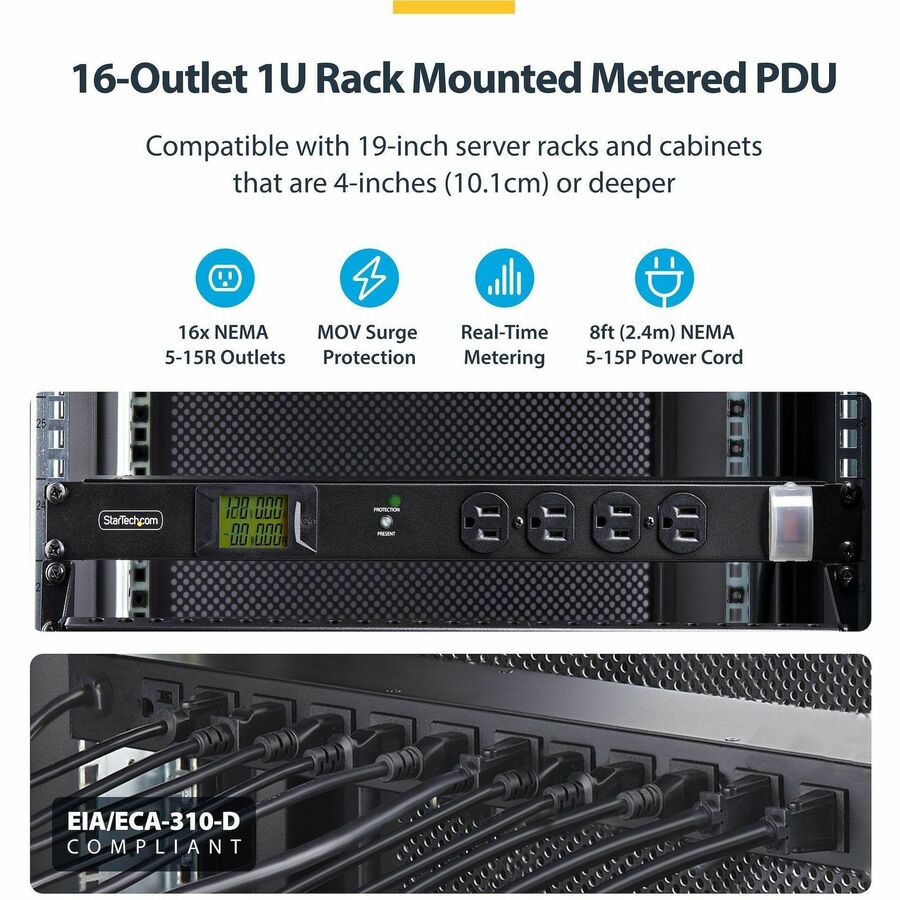 Alternate-Image1 Image for StarTech.com 16-Outlet Horizontal Rack Mount Metered PDU, 1U Server Power Strip w/Surge Protector, 125V/15A, 8ft (2.4m) Power Cord, TAA
