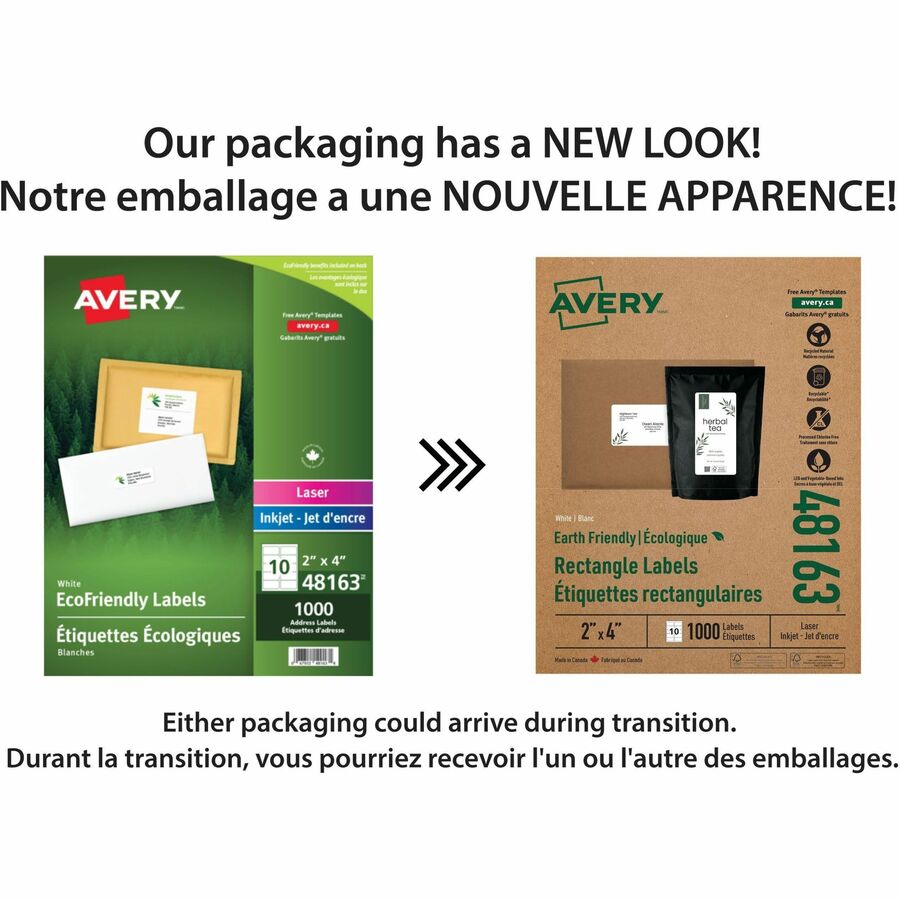 Avery&reg; Earth Friendly Rectangle Labels for Laser and Inkjet printers, 2 x 4" - 48163-NVXC