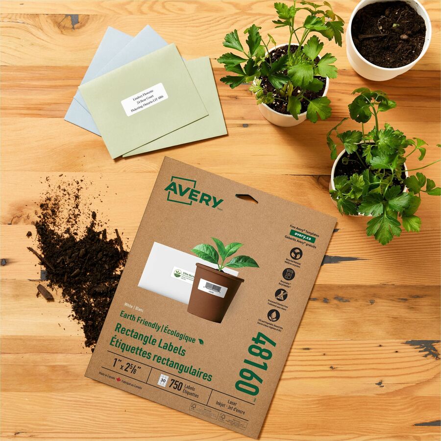 Avery&reg; Earth Friendly Rectangle Labels for Laser and Inkjet printers, 1 x 2 5/8" - 48160-NVXC