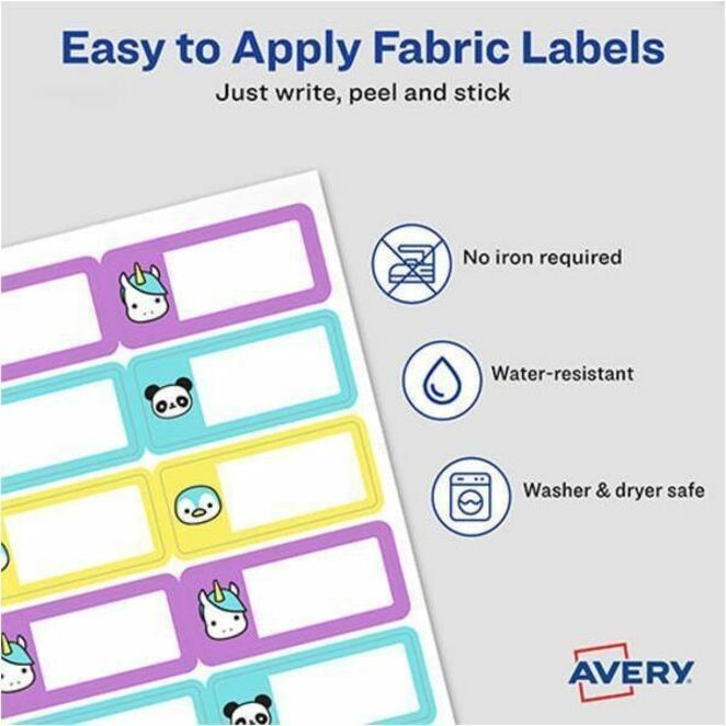 Avery No-Iron Fabric Labels, Preprinted Cute Animals, Preprinted Borders, Handwrite, 3/4" x 1-3/4" - 40770