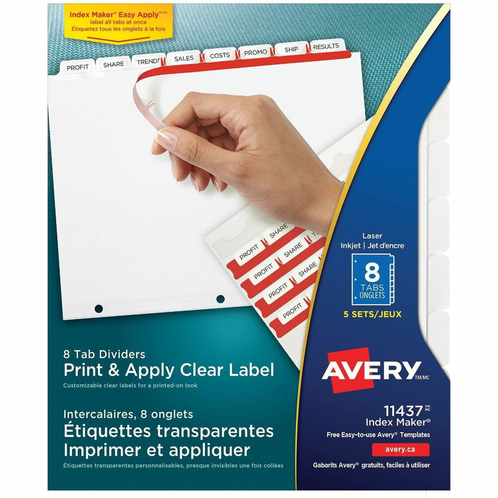 Avery&reg; Print & Apply Clear Label Dividers with Index Maker&reg;and Easy Apply™ Labels for Laser and Inkjet Printers, 8 tabs, 5 sets