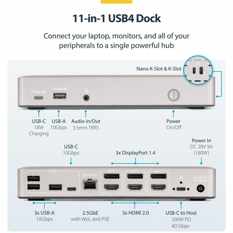 Alternate-Image1 Image for StarTech.com Triple-Monitor USB4 Docking Station, 4K 60Hz HDMI or DisplayPort, 6x USB Hub, 2.5GbE, 100W Charging, Driverless USB-C Dock