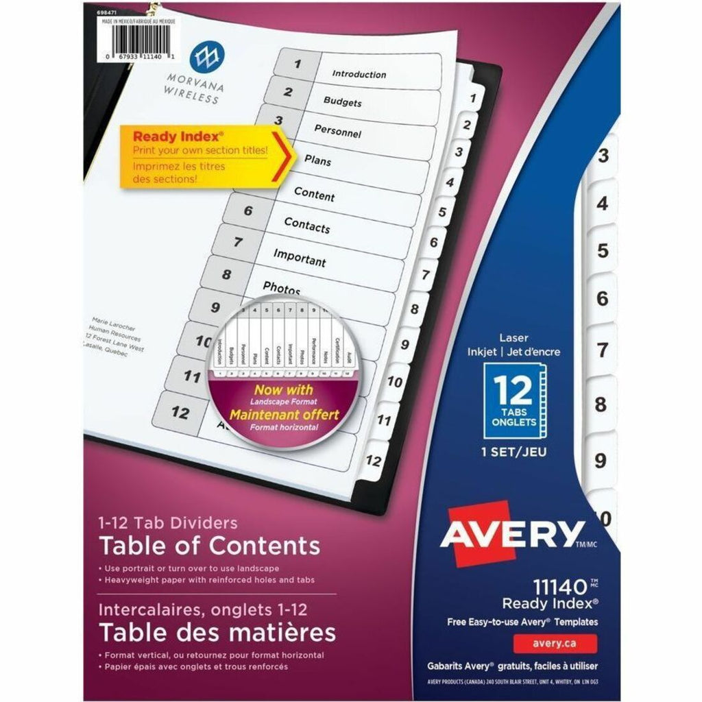 Avery Ready Index&reg; Table of Contents Dividers 12 Tabs, for Laser and Inkjet Printers