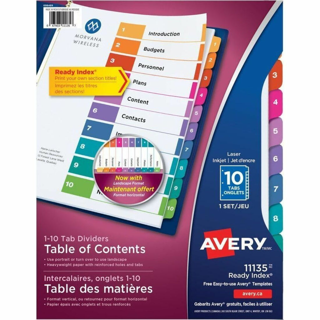 Avery Ready Index&reg; Table of Contents Dividers 10 Tabs, for Laser and Inkjet Printers