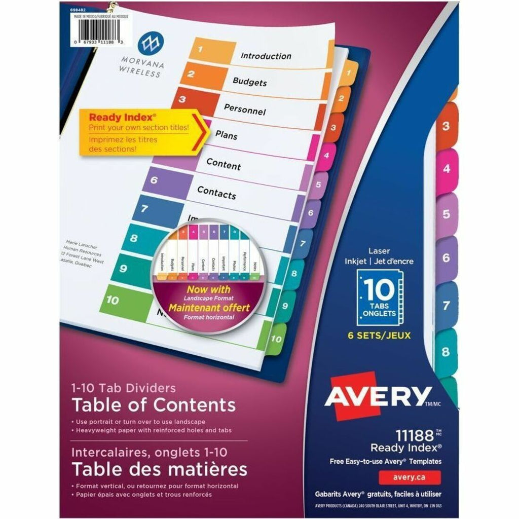 Avery Ready Index&reg; Table of Content Dividers 10 Tabs, for Laser and Inkjet Printers