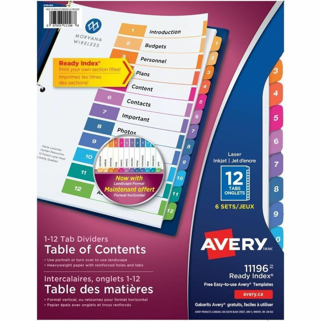 Avery Ready Index&reg; Table of Content Dividers 12 Tabs, for Laser and Inkjet Printers